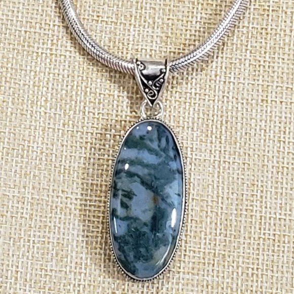 Hand Crafted Other - Natural Moss Agate Gem 925 Silver Handmade Thick Heavy Long Pendant Necklace